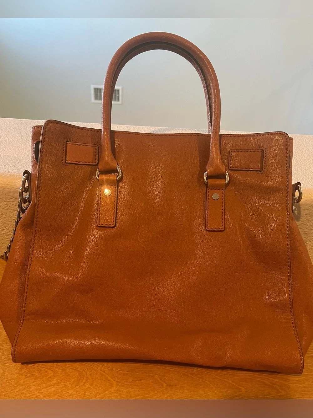 Michael Kors Hamilton Large Leather Satchel Luggage Brown Lock Key Shoulder Bag
